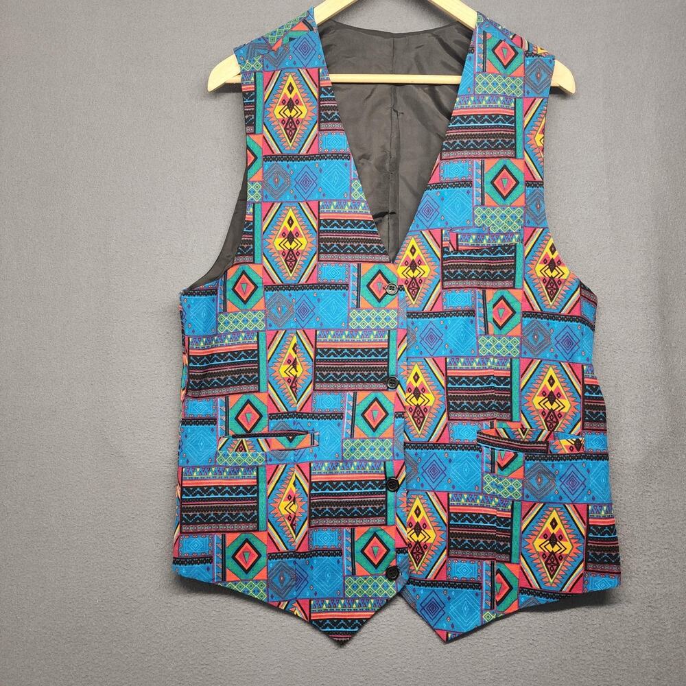 Vintage Handmade Aztec Southwestern Vest Large Blue Multicolor Button Front